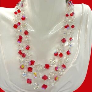 Vintage 3 Strand Ruby Red & Clear Aurora Borealis Crystal Necklace